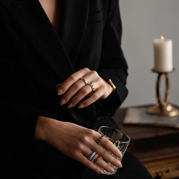 Royal Blue Emerald-Cut 14K (18k) Yellow Gold Sapphire Eternity Band Ring - Picture 5 of 6